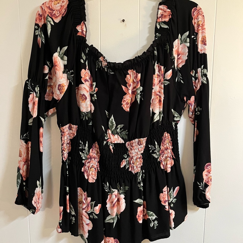 Black floral ruffled blouse babydoll style pink flowers spring summer